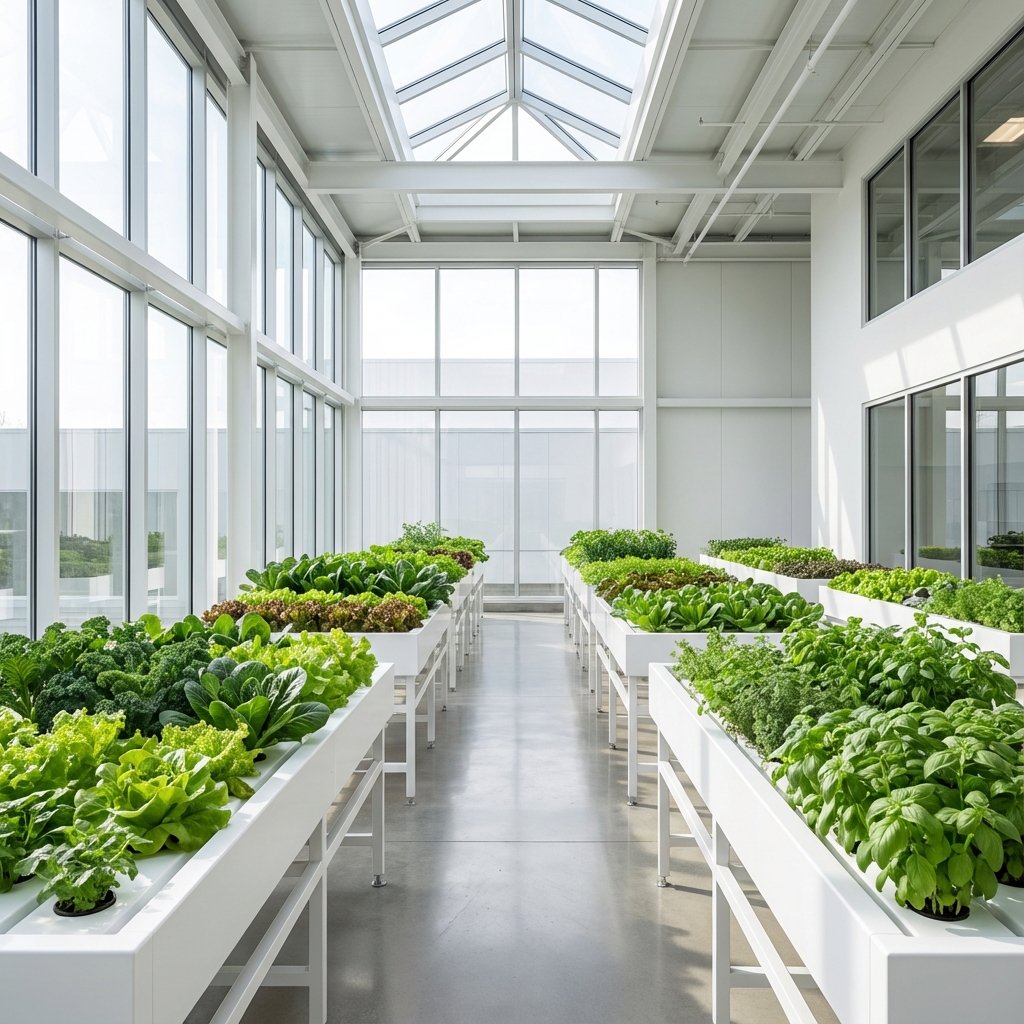 Modern aquaponics system with lush green plants